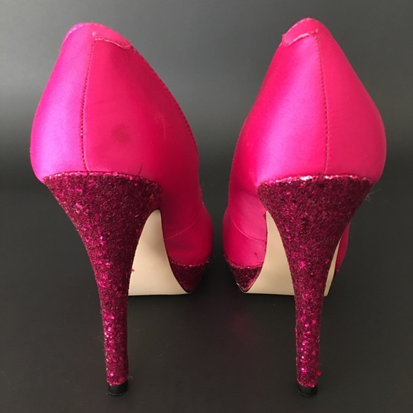 Madden Girl Toriie Heels Pink Fuchsia Fabric Glitter Platforms Sz 7.5 Closed Toe - Picture 5 of 10